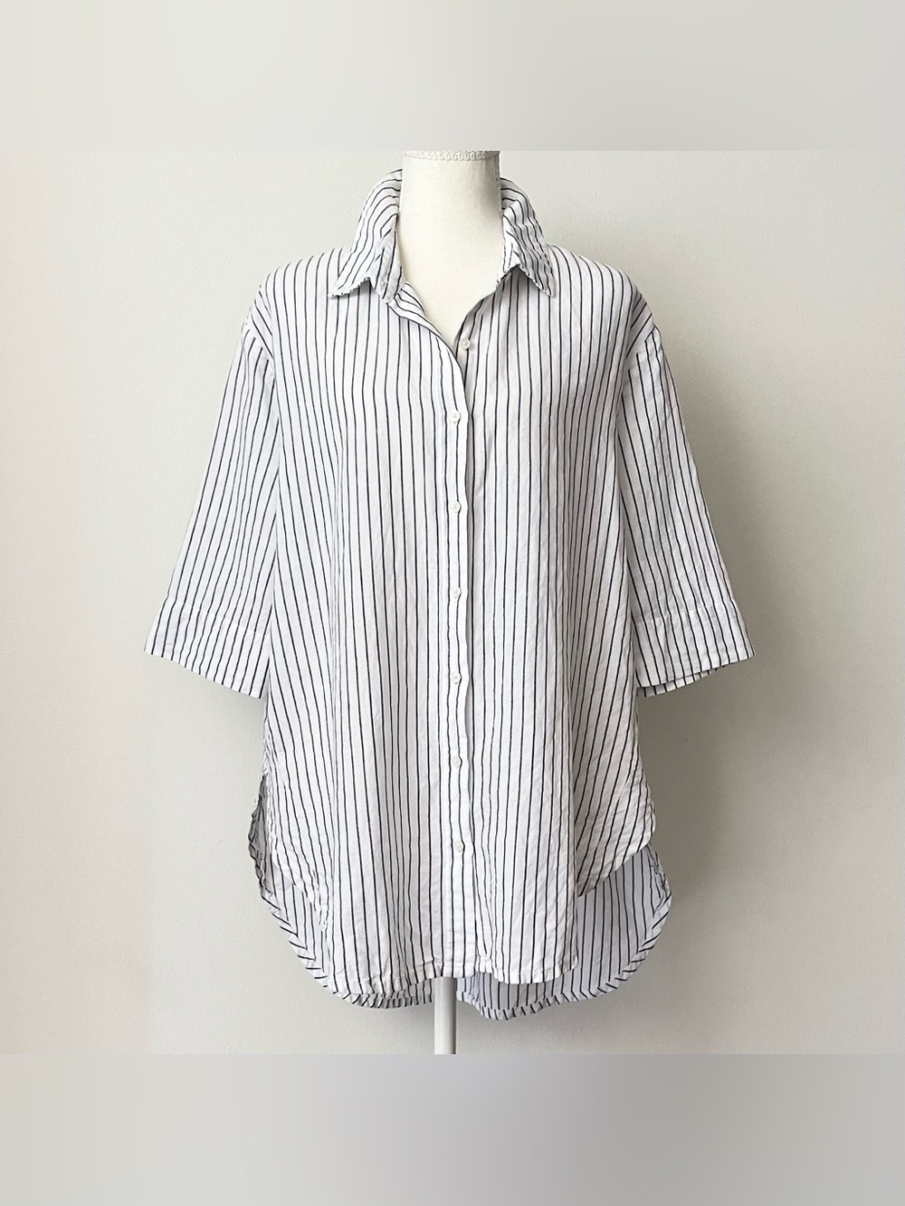 Vintage J.Crew Women's Button Up Linen Shirt Cover-up Size M White Blue Striped